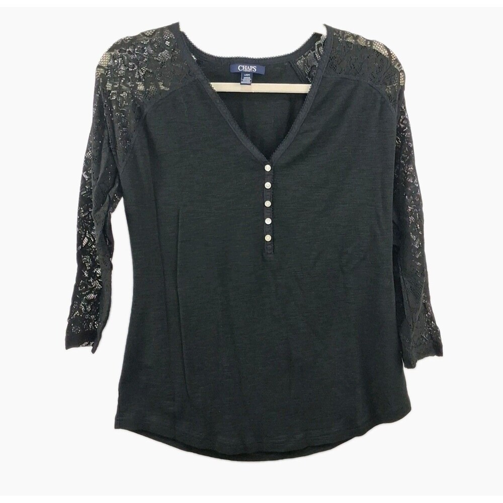 Chaps Women's Blace Lace 3/4 Raglan Sleeve Henley Top Size L